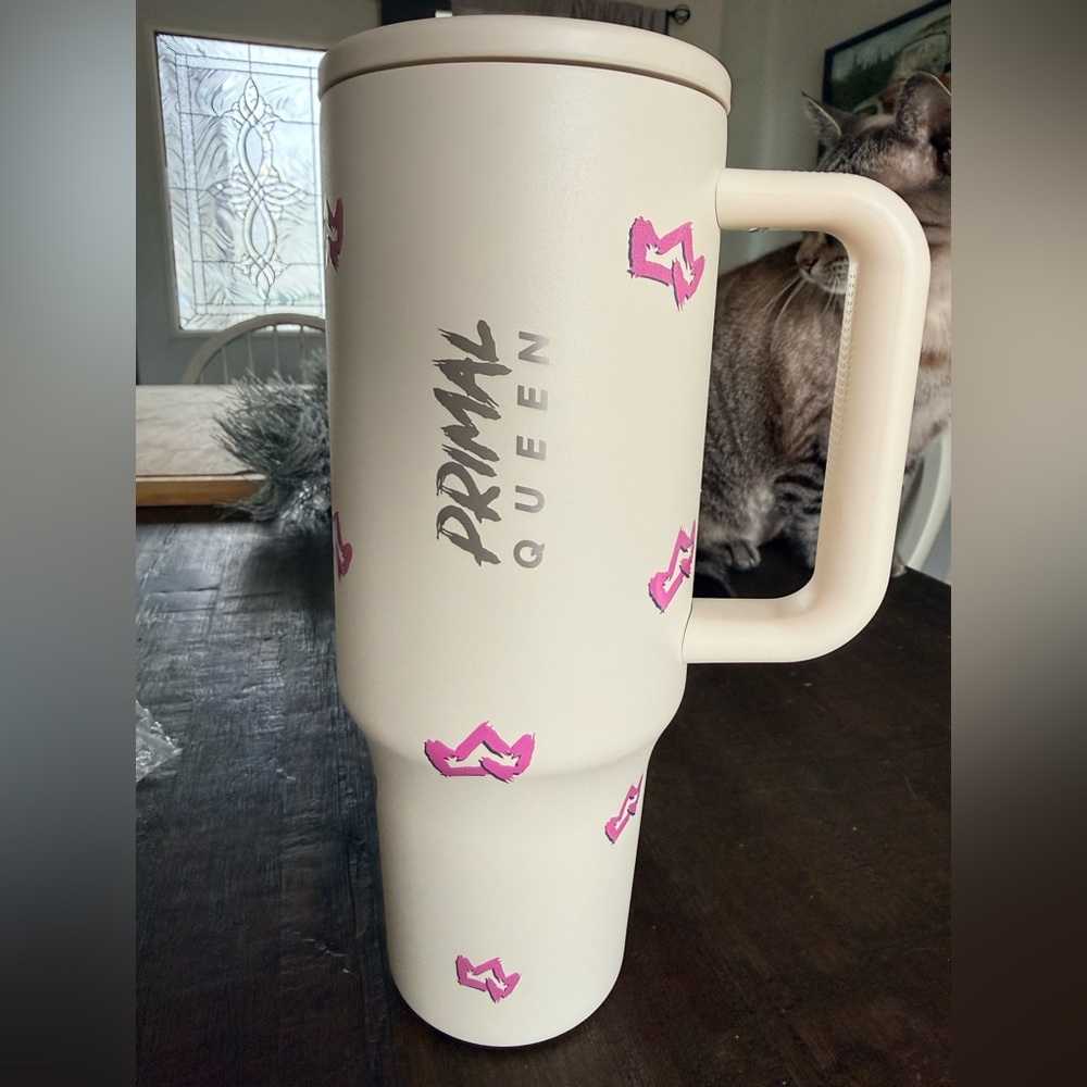Cream Travel Mug with Pink Accents